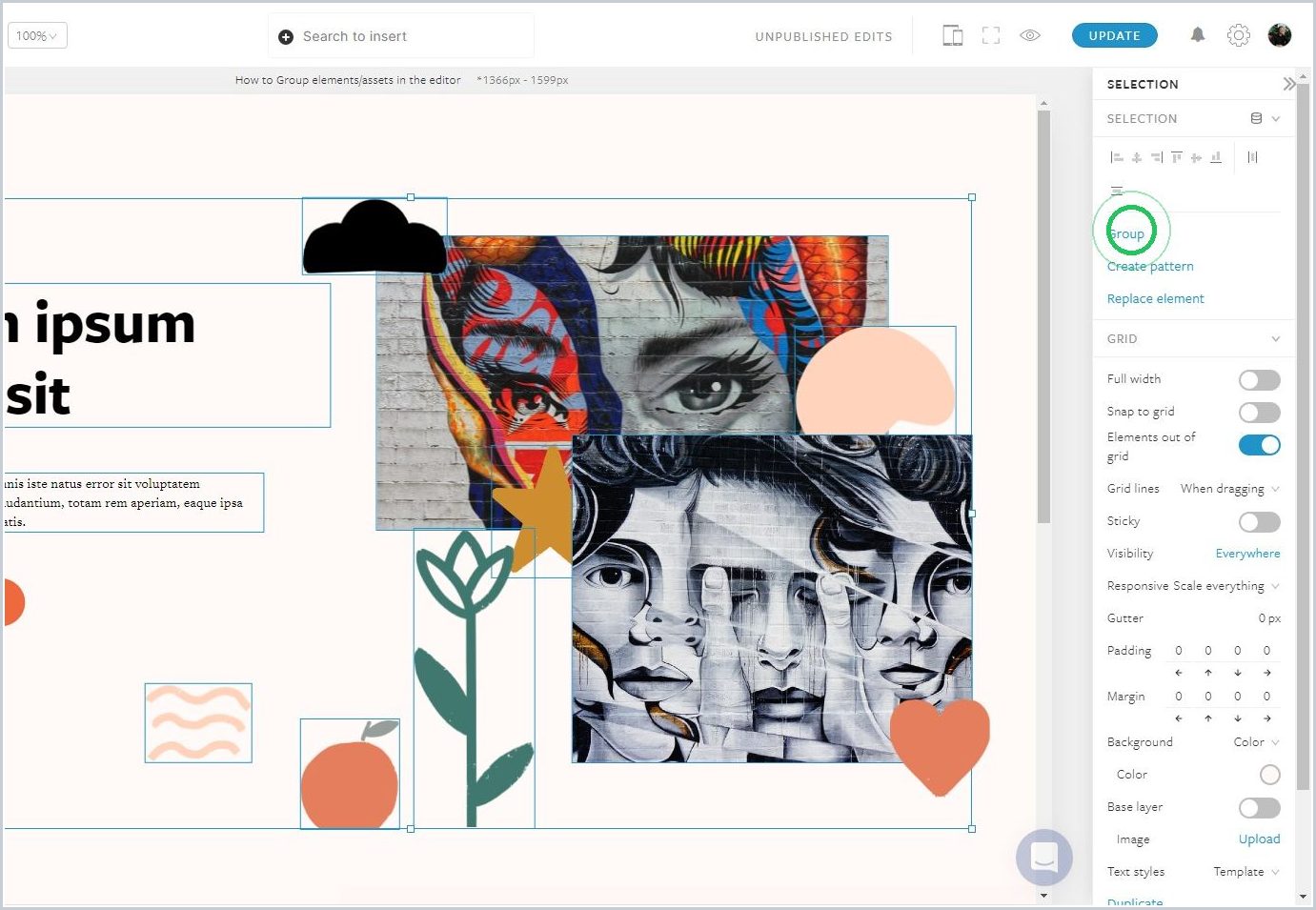 How to Group elements/assets in the editor — step 2