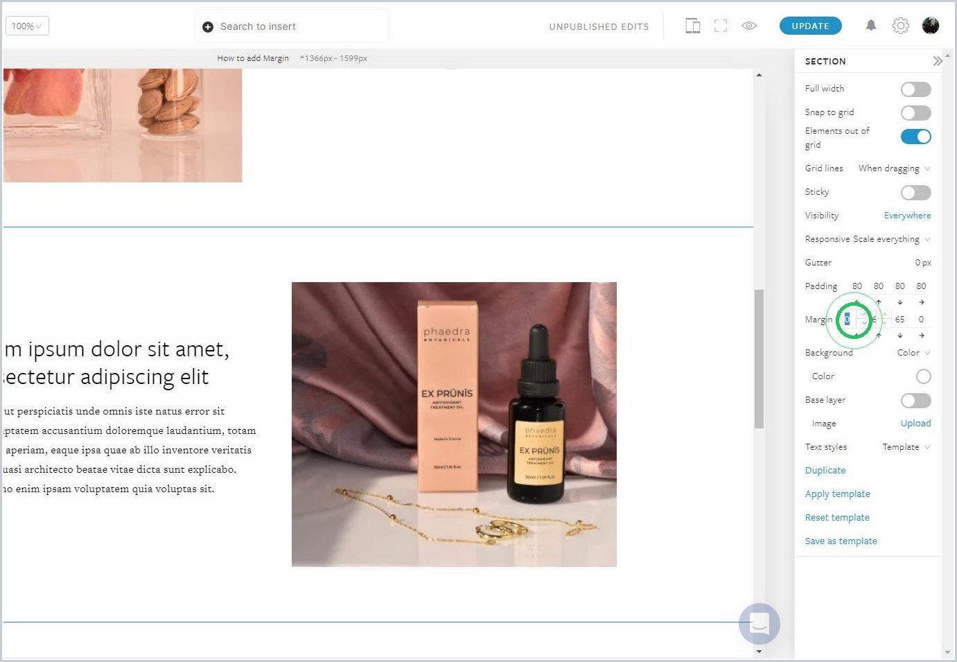 How to add Margin or spaces between sections — step 3