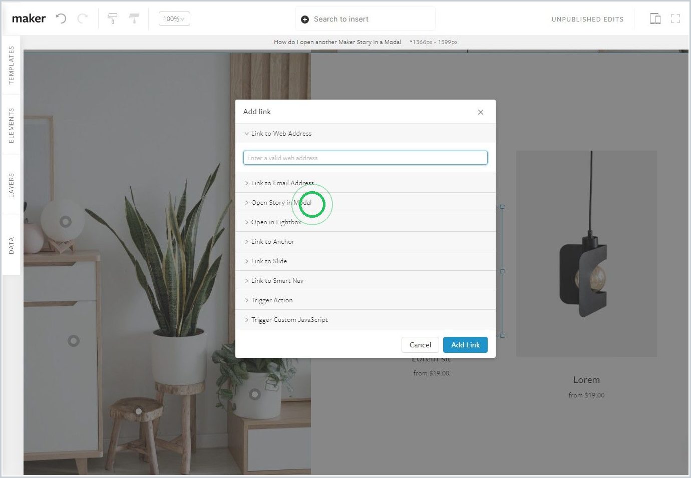 How do I open another Maker Story in a Modal — step 3
