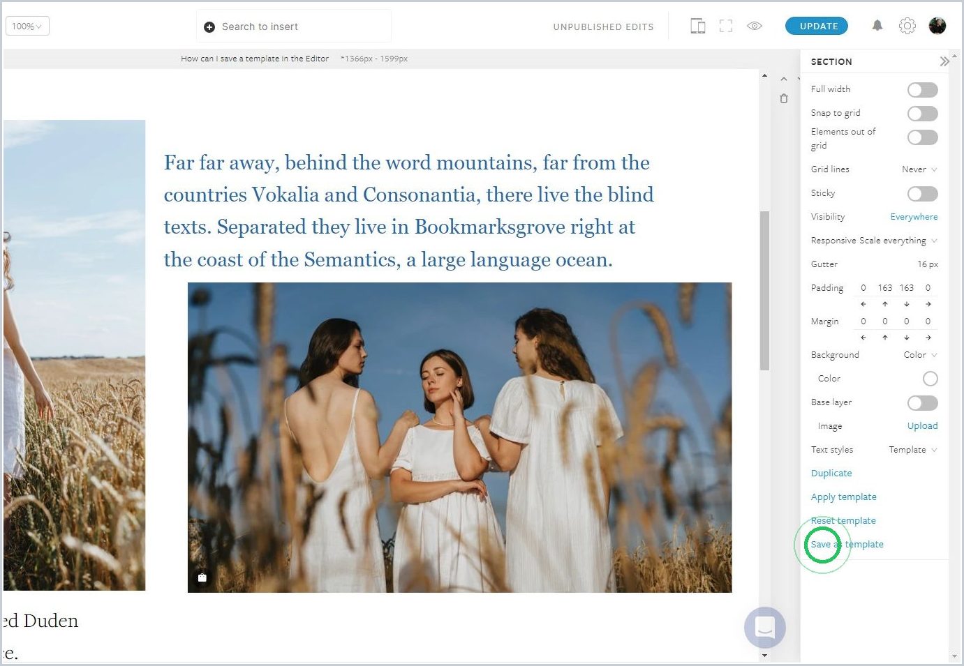 How can I save a section as a template in the Editor — step 2