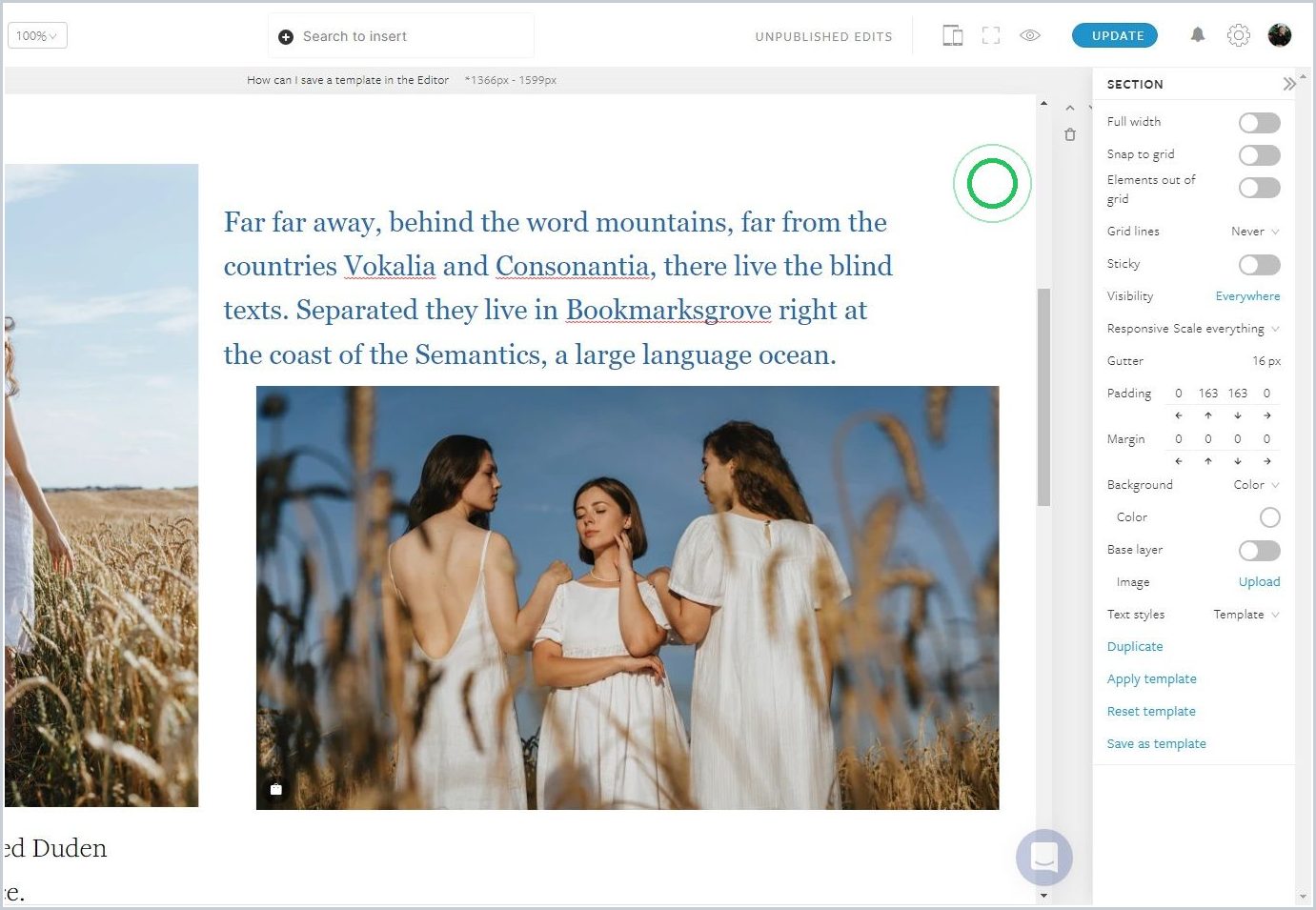 How can I save a section as a template in the Editor — step 1