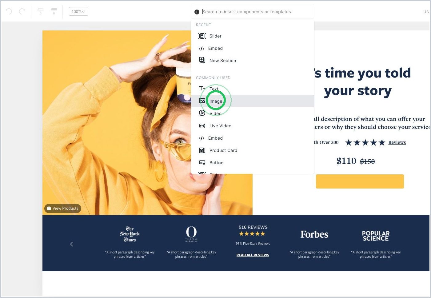 How do I add an element, component, template, or section — step 2