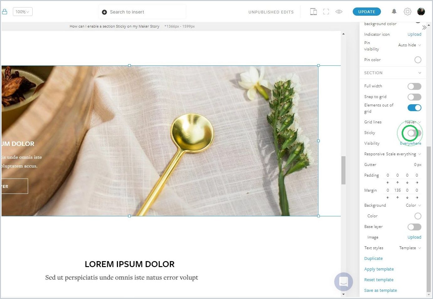 How can I make a section Sticky on my Maker Story — step 2