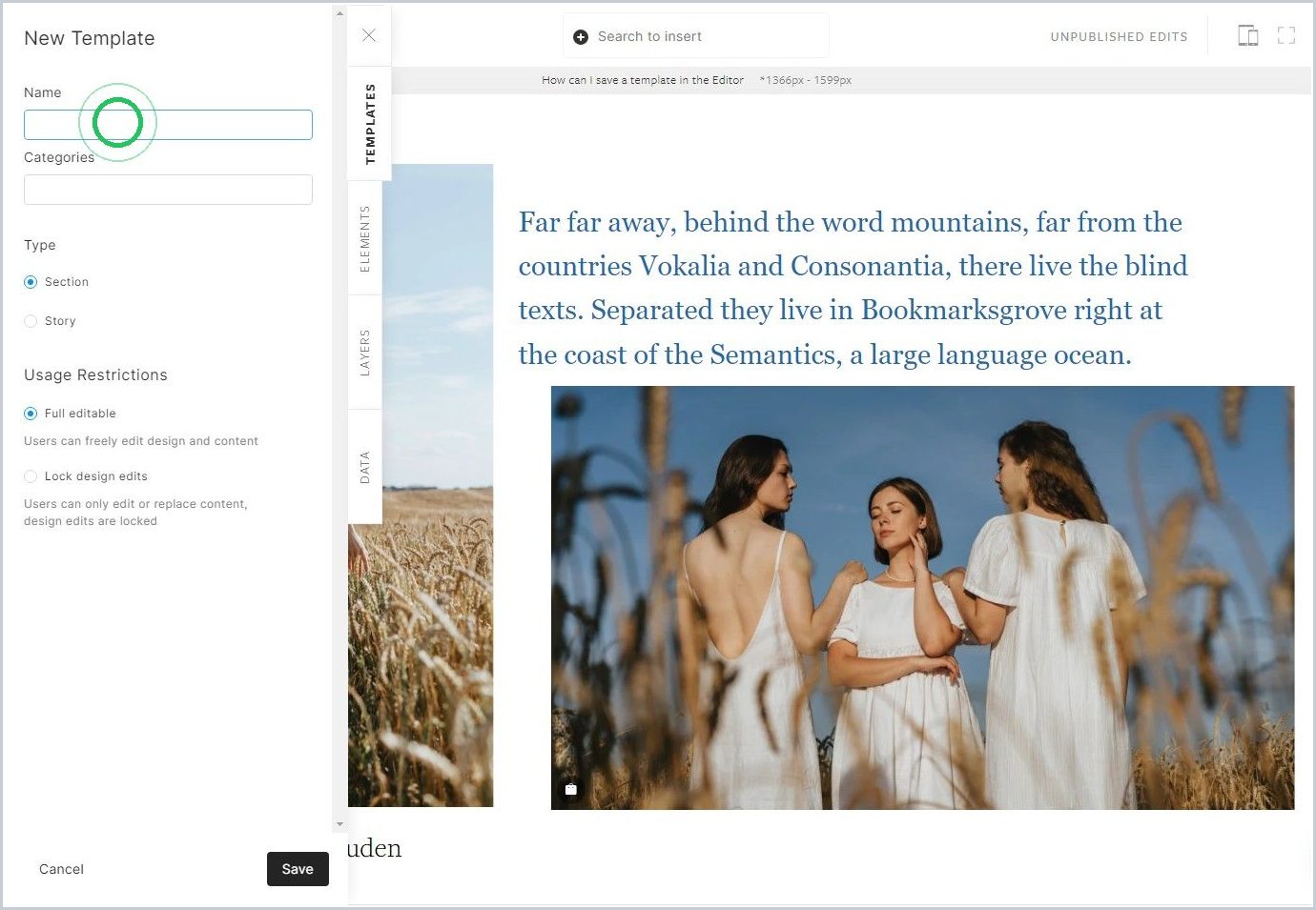 How can I save a section as a template in the Editor — step 3
