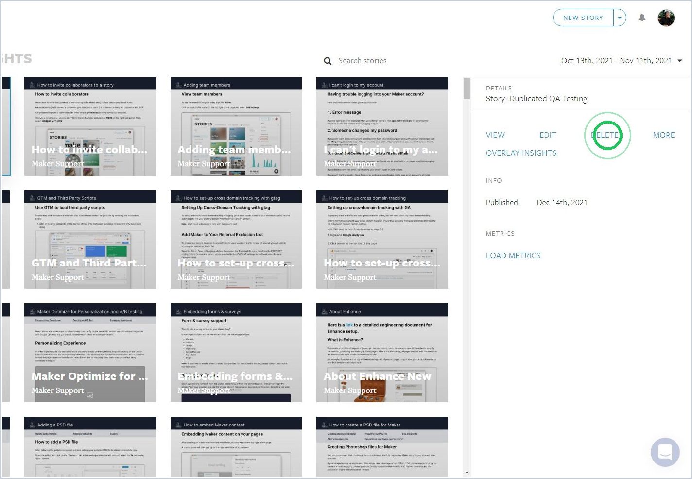 How can I delete a Maker Story — step 2