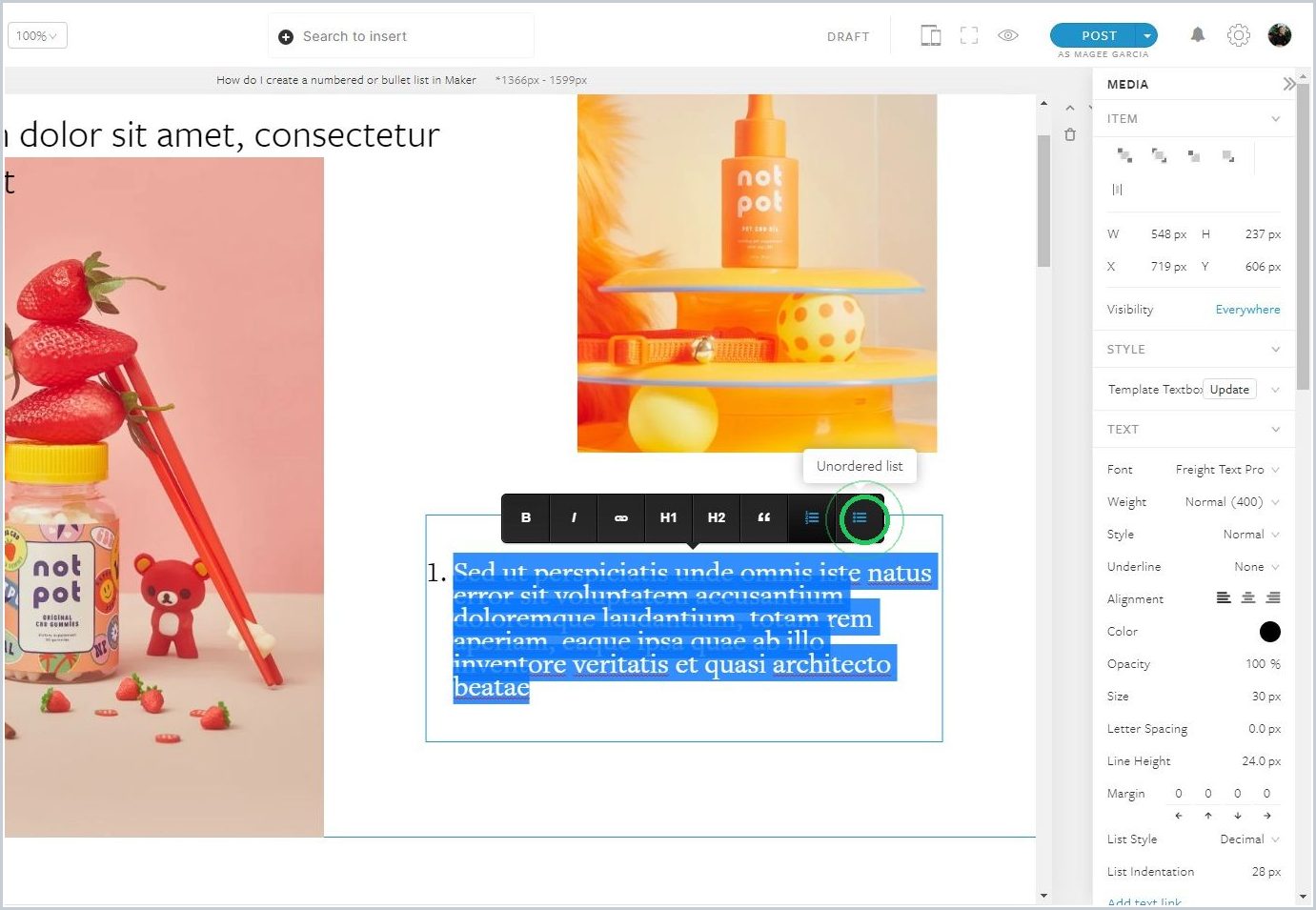 How do I create a numbered or bullet list in Maker — step 2