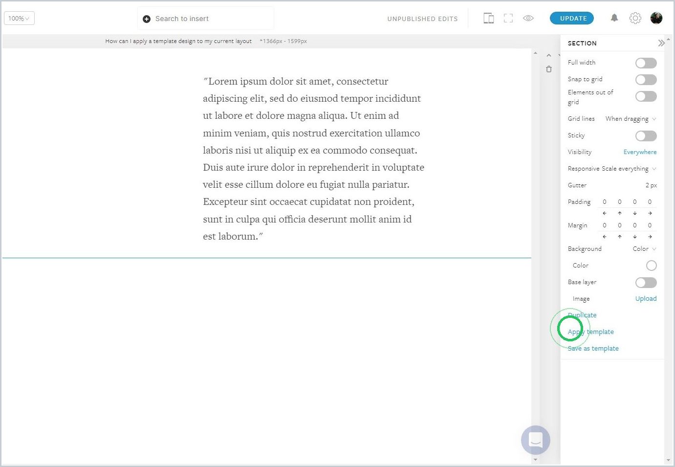 How can I apply a template design to my current section layout — step 2
