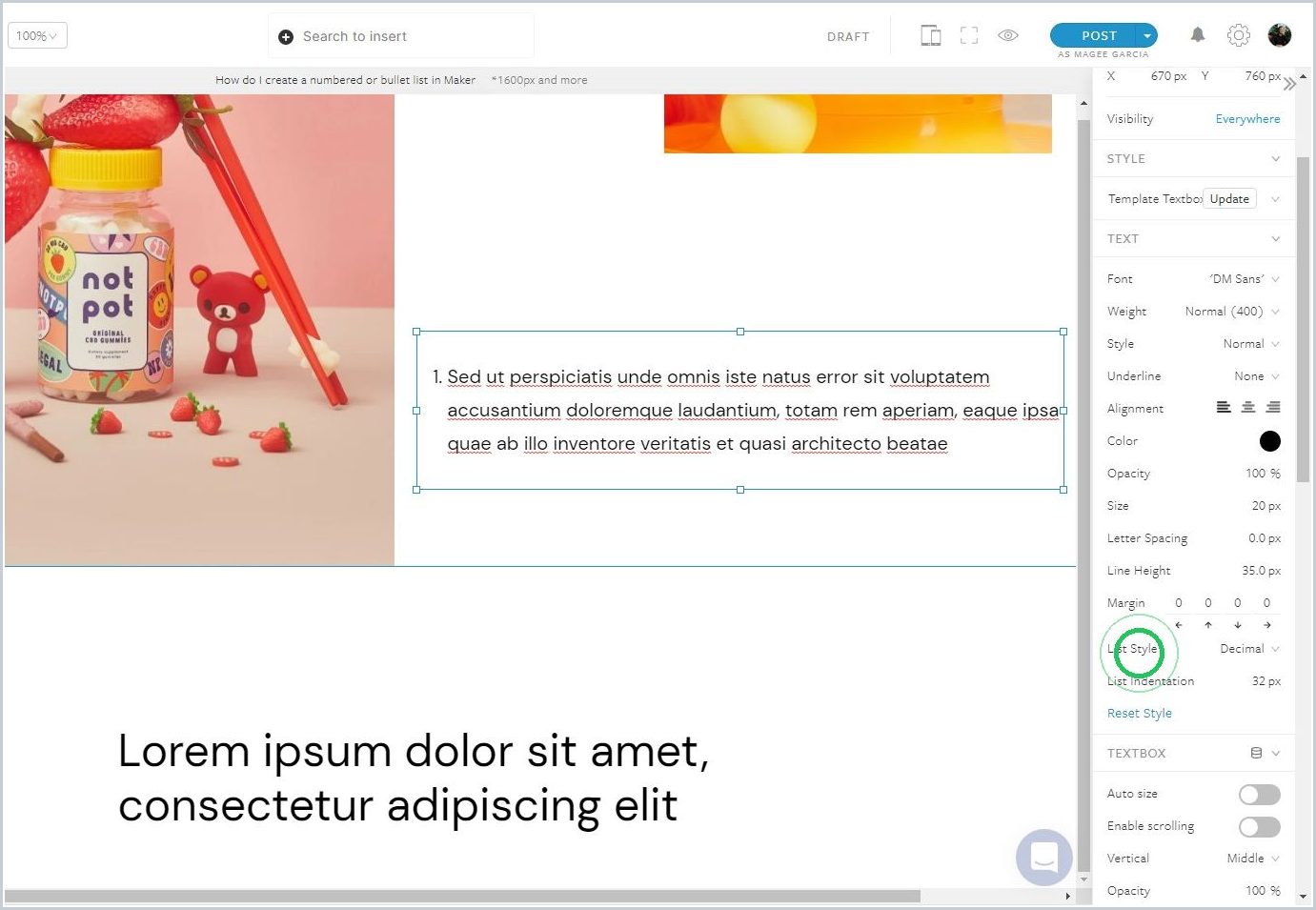 How do I create a numbered or bullet list in Maker — step 3