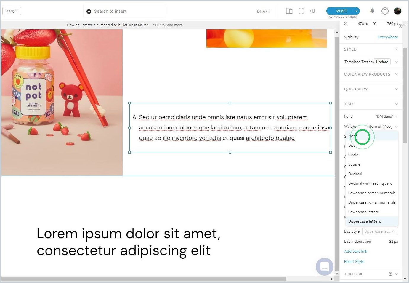 How do I create a numbered or bullet list in Maker — step 5