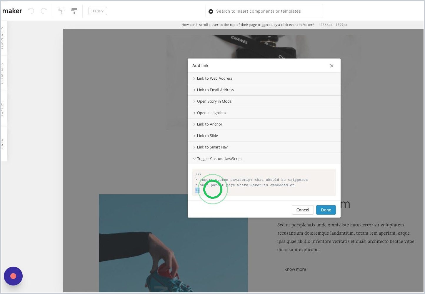 How can I trigger a scroll to the top of my page with a click event in Maker? — step 5