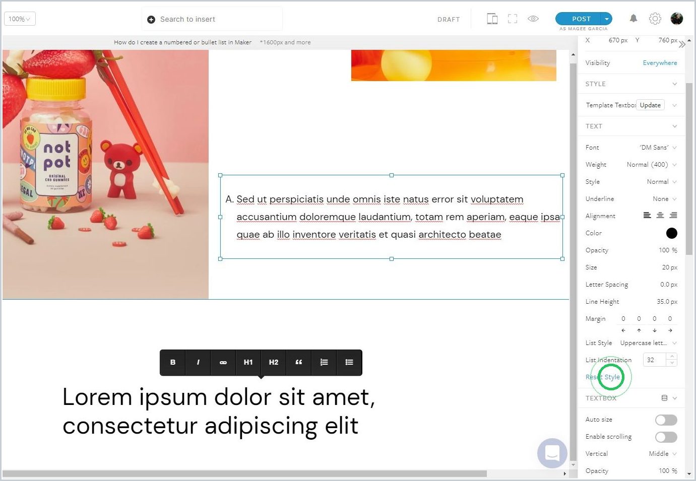 How do I create a numbered or bullet list in Maker — step 7