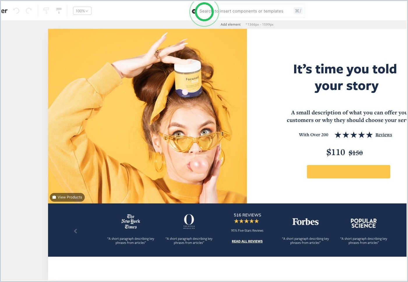 How do I add an element, component, template, or section — step 1