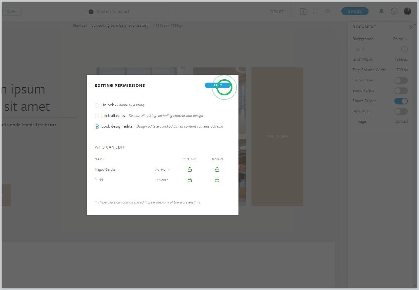 How can I lock editing permissions for a story — step 5