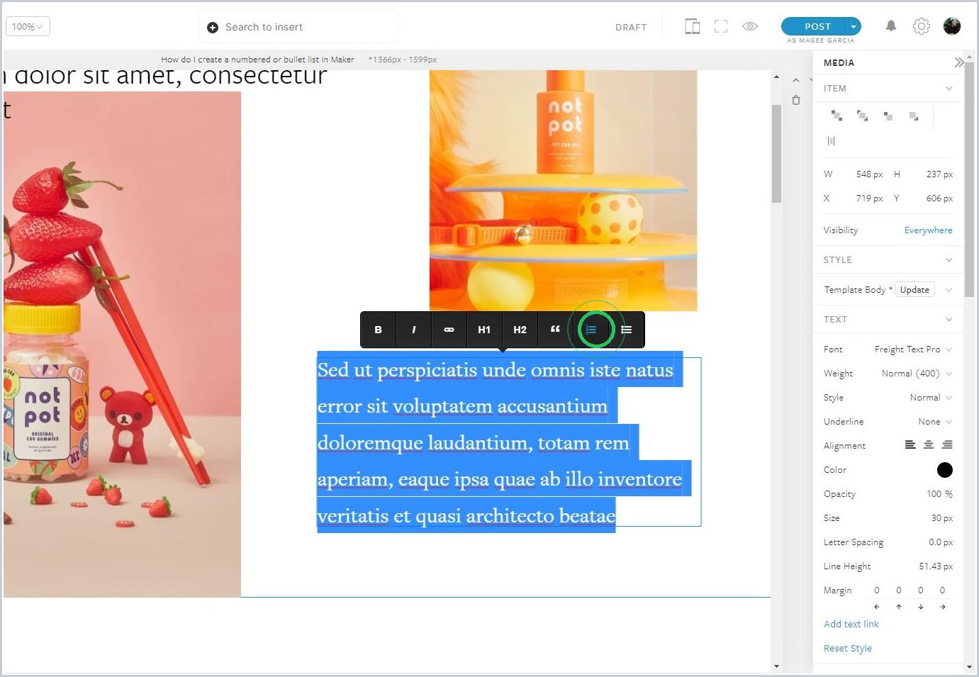 How do I create a numbered or bullet list in Maker — step 1
