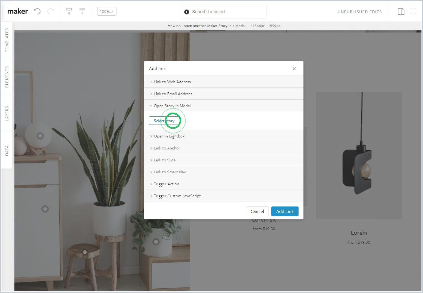 How do I open another Maker Story in a Modal — step 4
