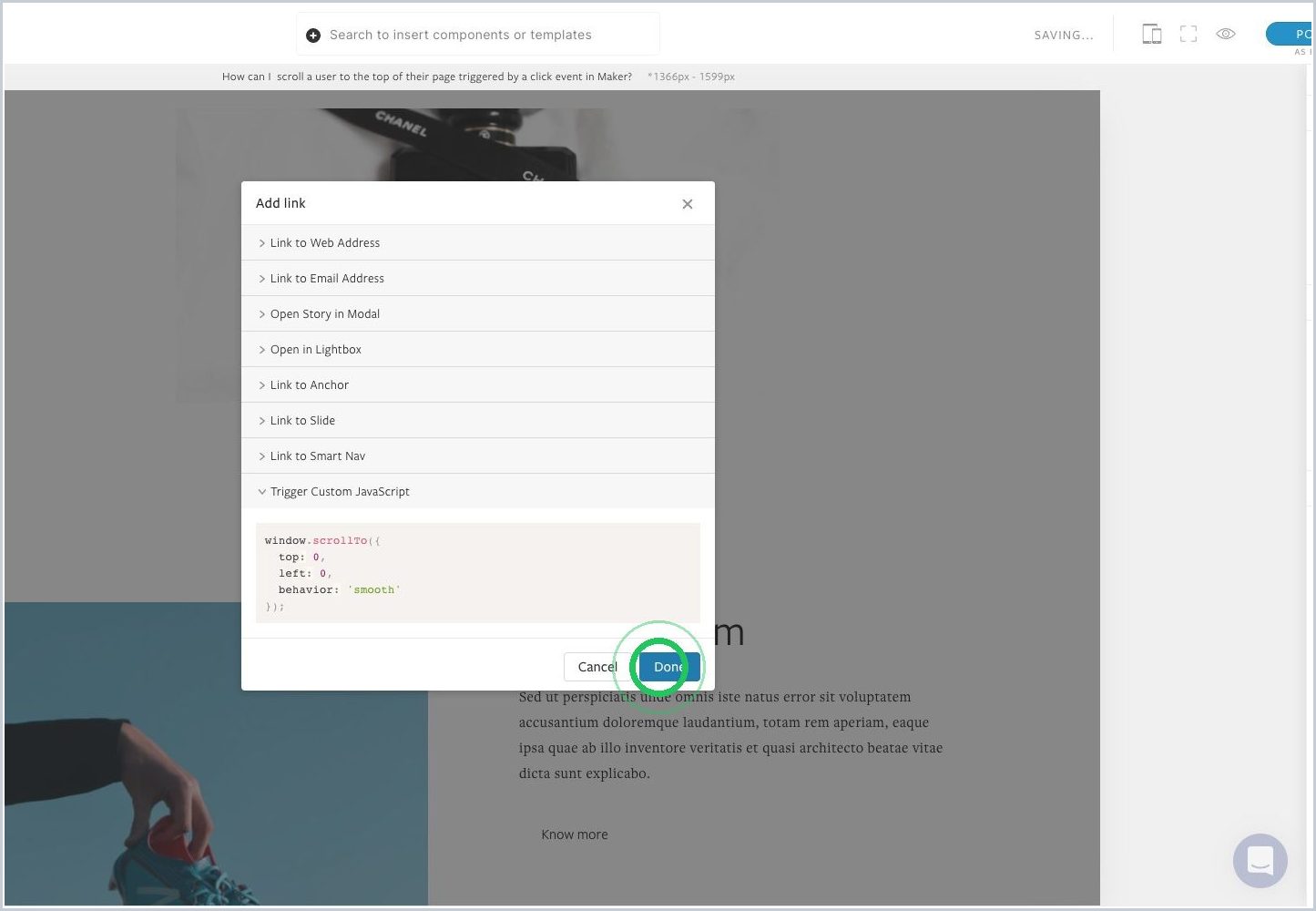 How can I trigger a scroll to the top of my page with a click event in Maker? — step 6