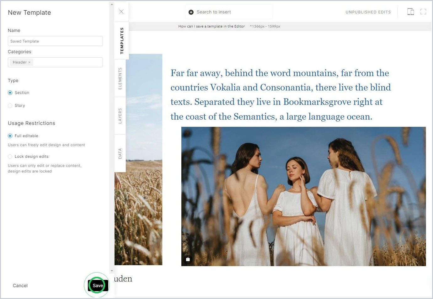 How can I save a section as a template in the Editor — step 4